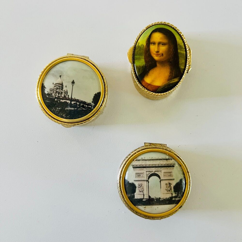 Vintage Antique French Small Round Oval Trinket Jewelry Pill Box - Set of 3
